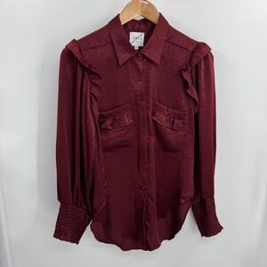 MISA Los Angeles Shirt Womens XS Burgundy Ruffle Pocket Blouse Office Oversized